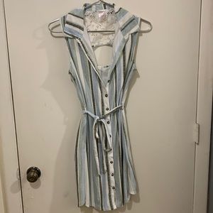 cute mid dress. green,blue,white and black stripes.Lace cut out back.